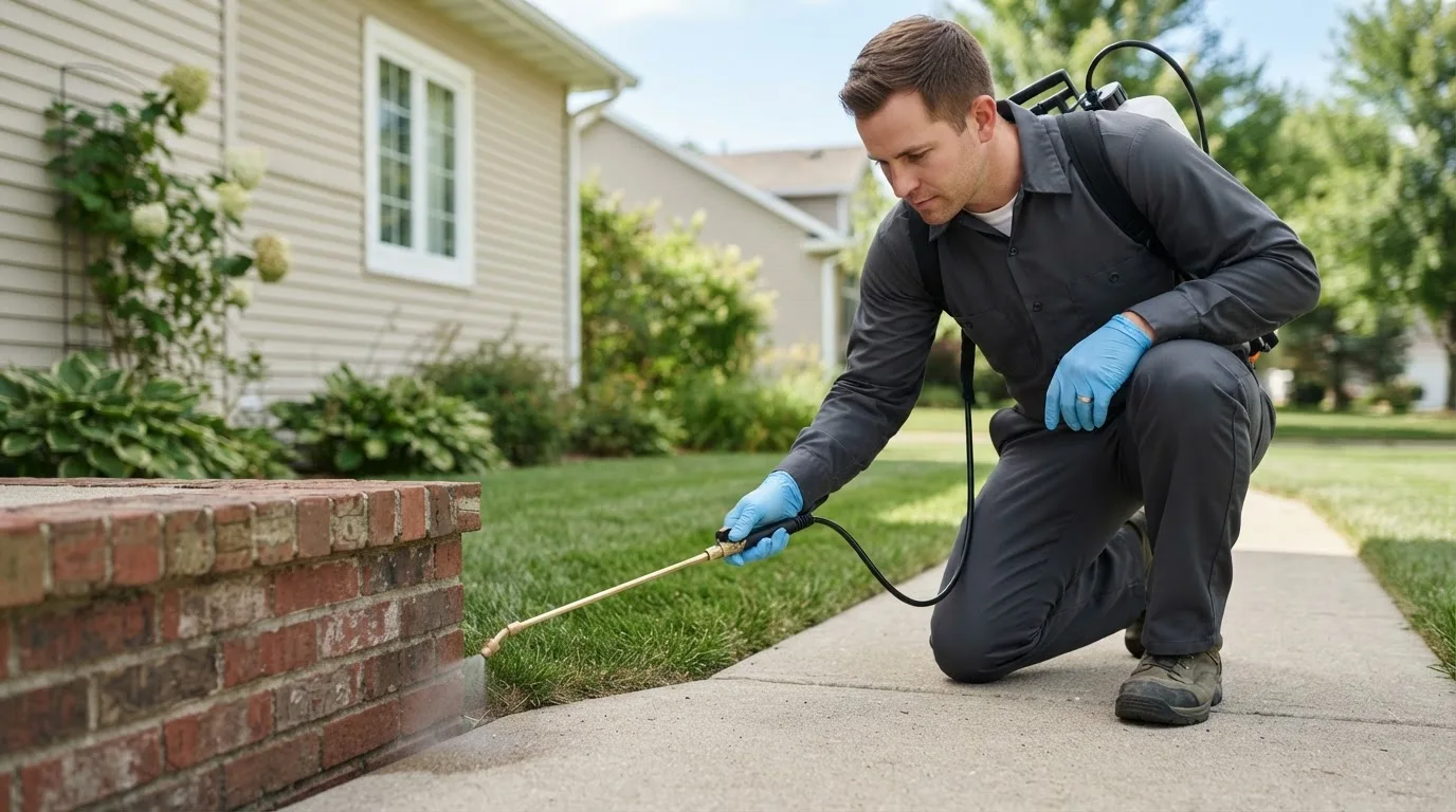 Pest control technician treating a home near Holyrood, KS